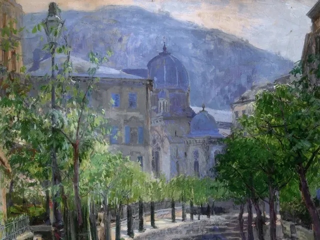 This image is a painting. There are trees. There is a road. There are buildings at the background...